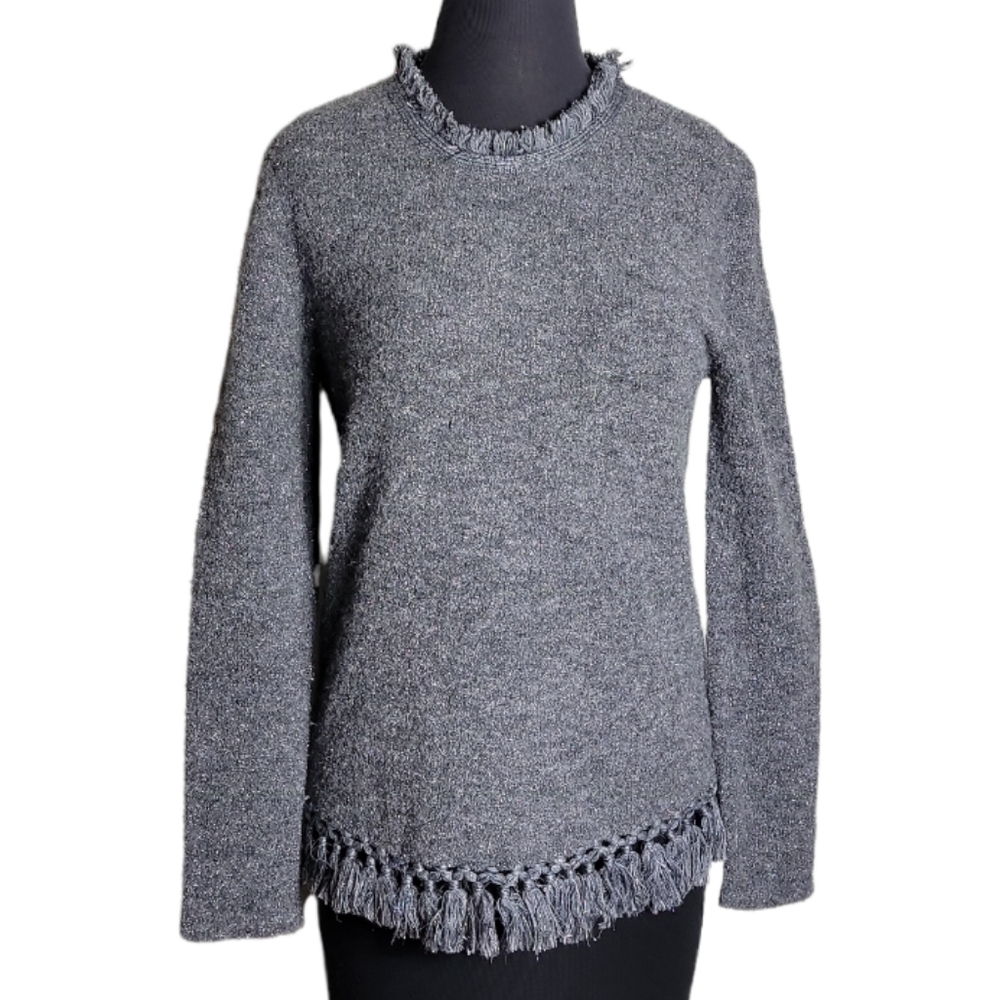 J. McLaughlin shimmer gray silver alpaca merino wool fringe sweater women's S